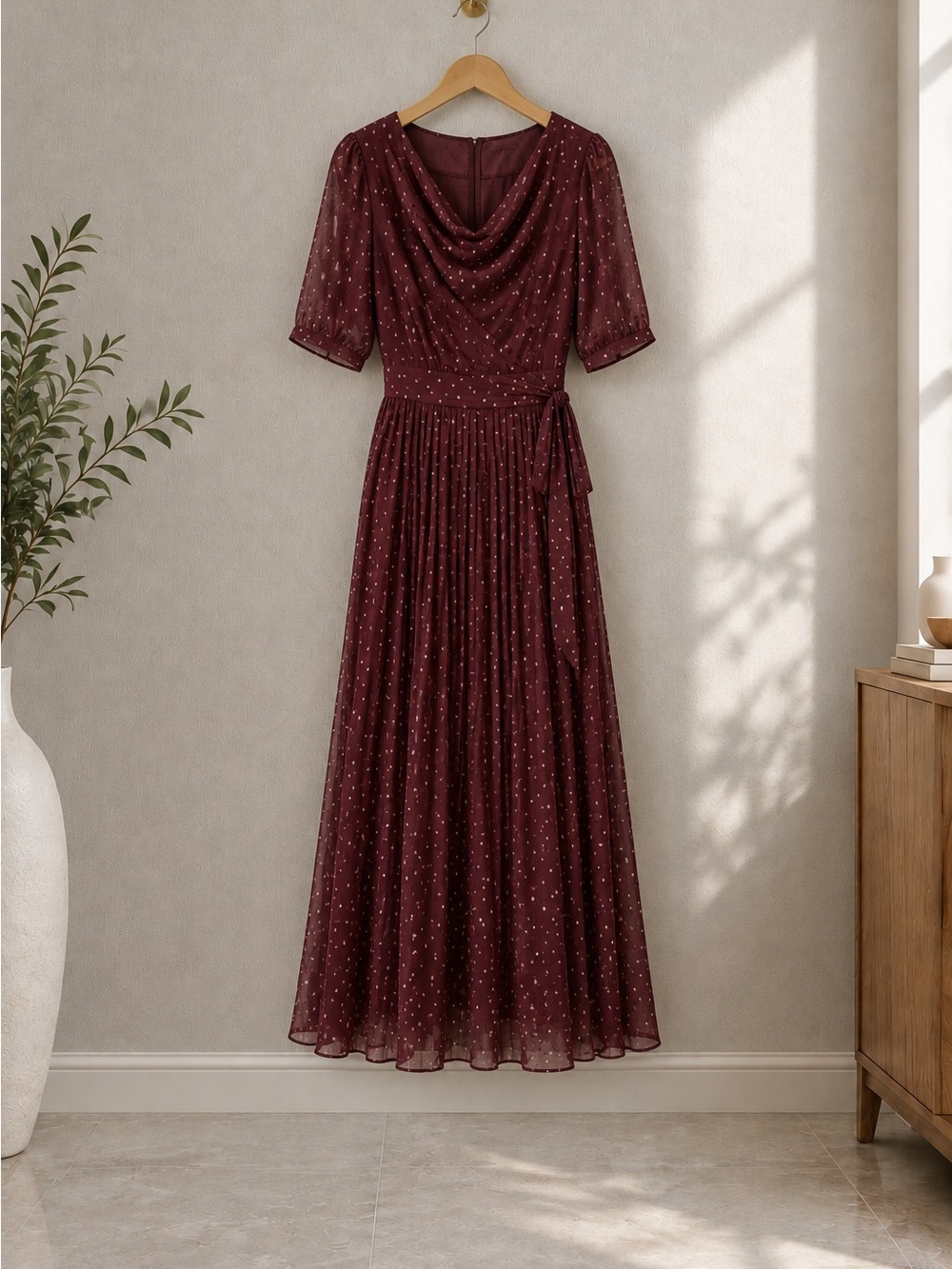 Elegant Burgundy Polka-Dot Maxi Dress with Cowl Neck